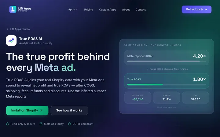 True ROAS AI — A Shopify app that joins store transaction data to Meta ad spend and reports the profit a campaign actually made — after COGS, shipping, fees, refunds and discounts.