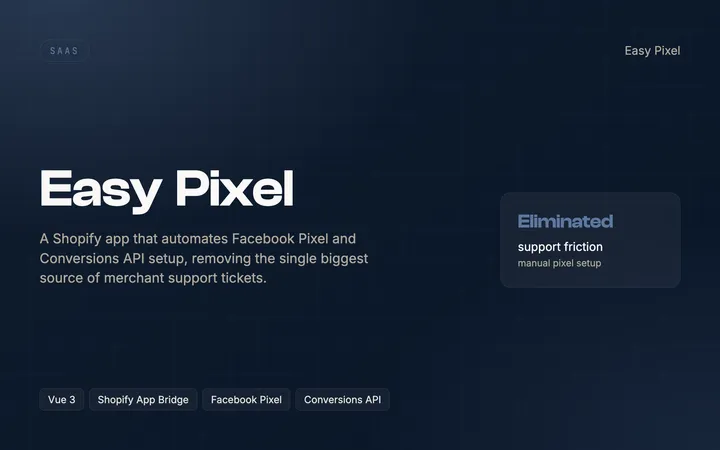 Easy Pixel — A Shopify app that automates Facebook Pixel and Conversions API setup, removing the single biggest source of merchant support tickets.