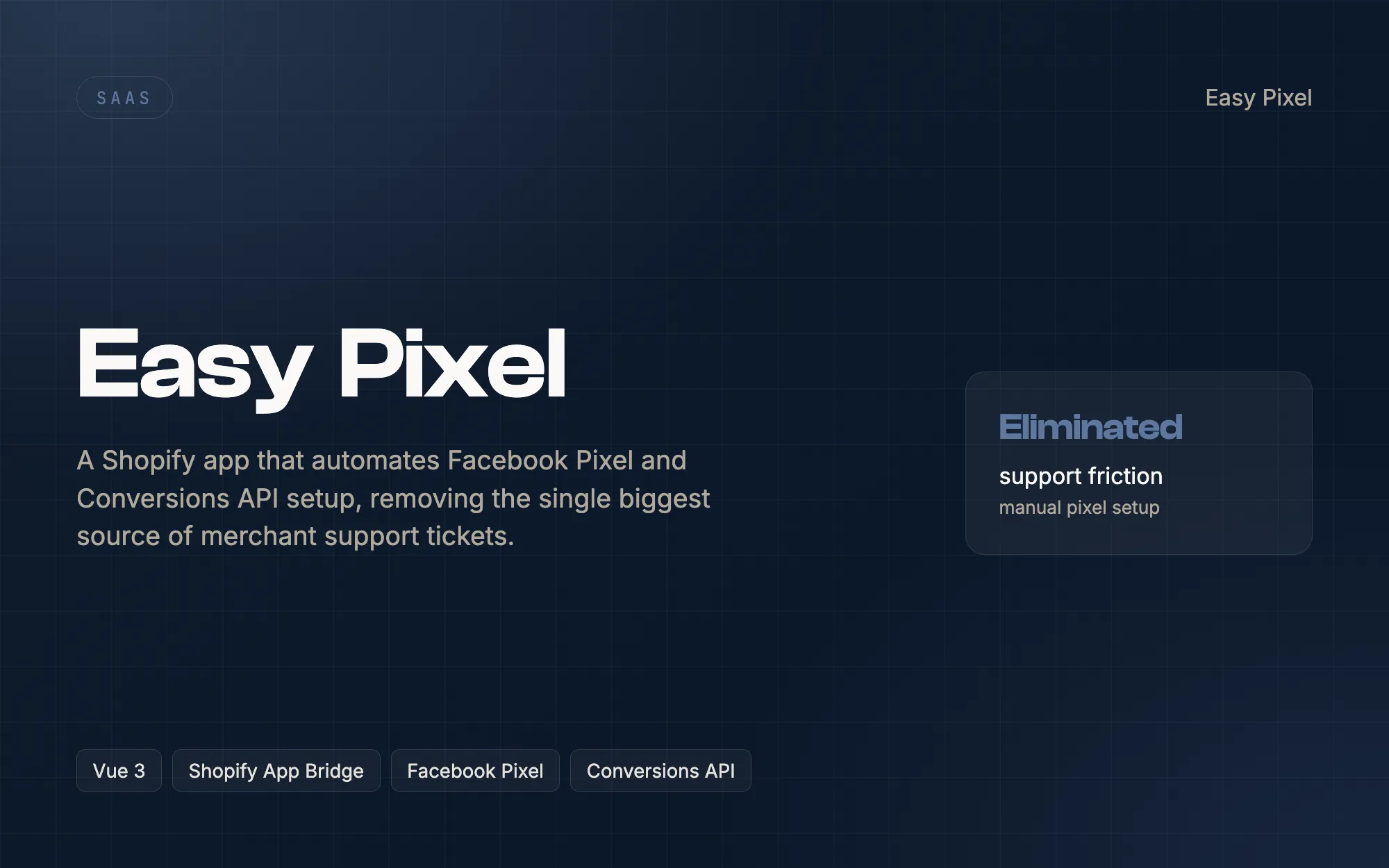 Easy Pixel — A Shopify app that automates Facebook Pixel and Conversions API setup, removing the single biggest source of merchant support tickets.