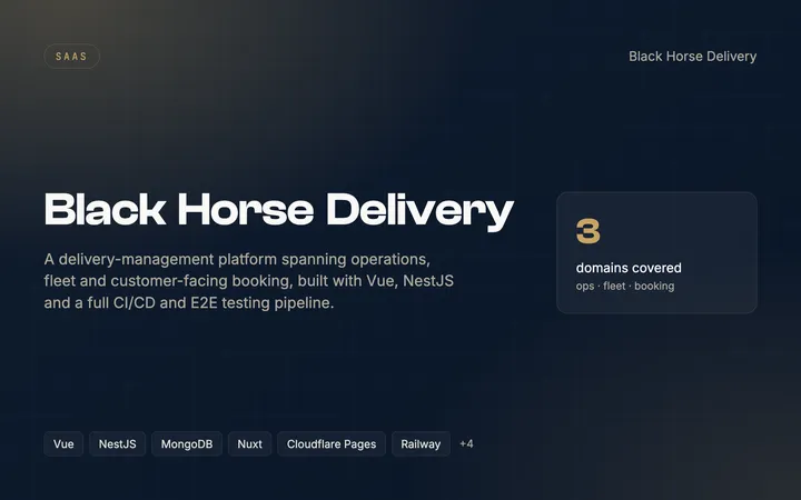 Black Horse Delivery — A delivery-management platform spanning operations, fleet and customer-facing booking, built with Vue, NestJS and a full CI/CD and E2E testing pipeline.