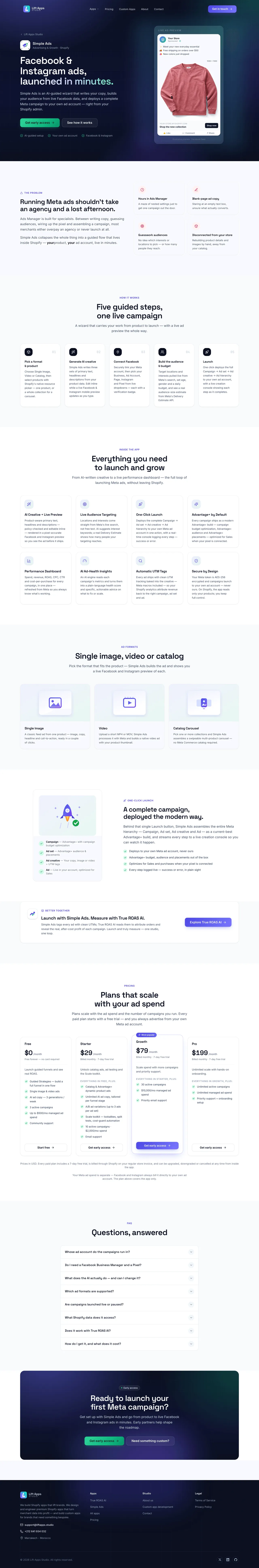 Simple Ads product page — the guided campaign wizard, three ad formats, live audience estimates and the performance dashboard