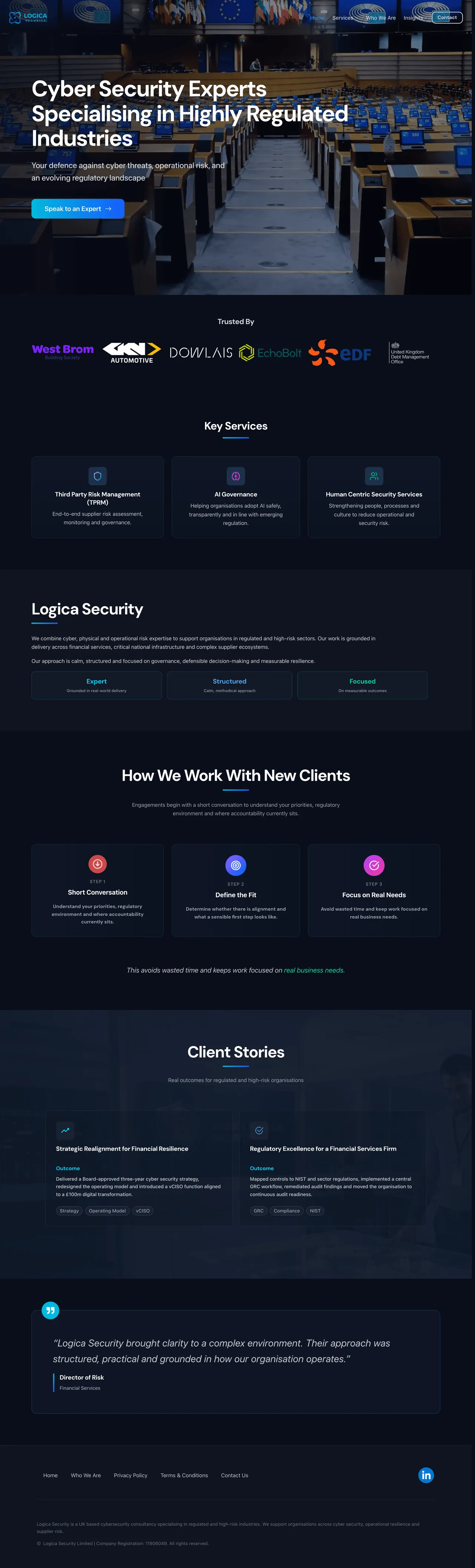 Logica Security site — cyber-security services for highly regulated industries