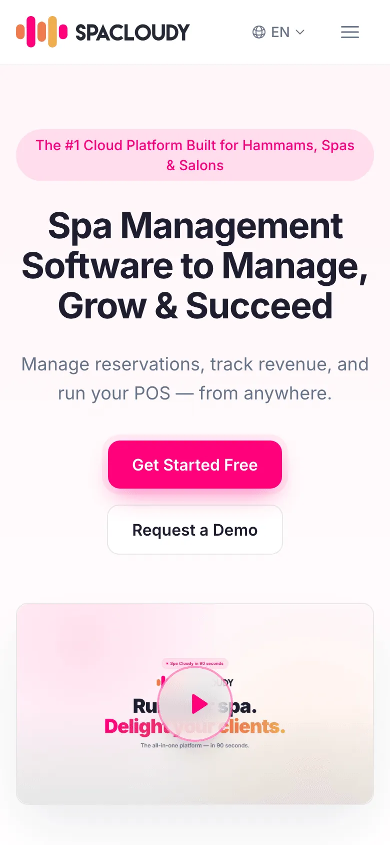 Spacloudy on mobile — hero reading “Spa Management Software to Manage, Grow & Succeed”