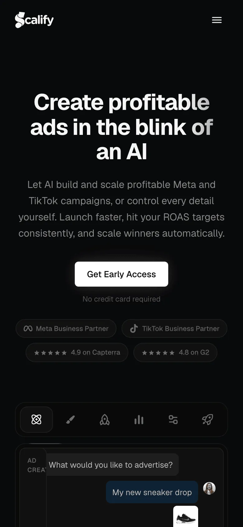 Scalify on mobile — hero reading “Create profitable ads in the blink of an AI”