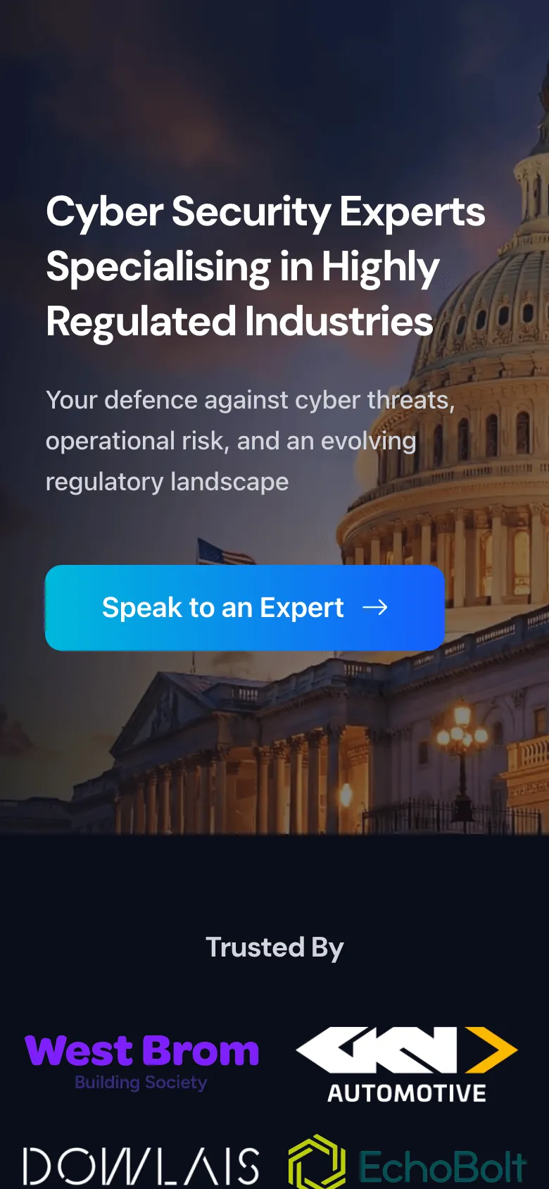 Logica Security on mobile — hero reading “Cyber Security Experts Specialising in Highly Regulated Industries”