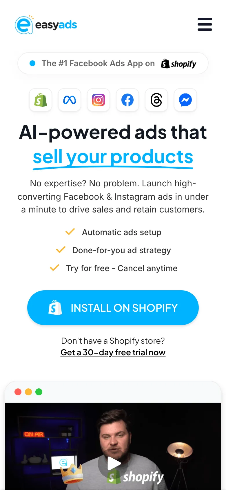 Easy Ads on mobile — hero reading “AI-powered ads that sell your products”
