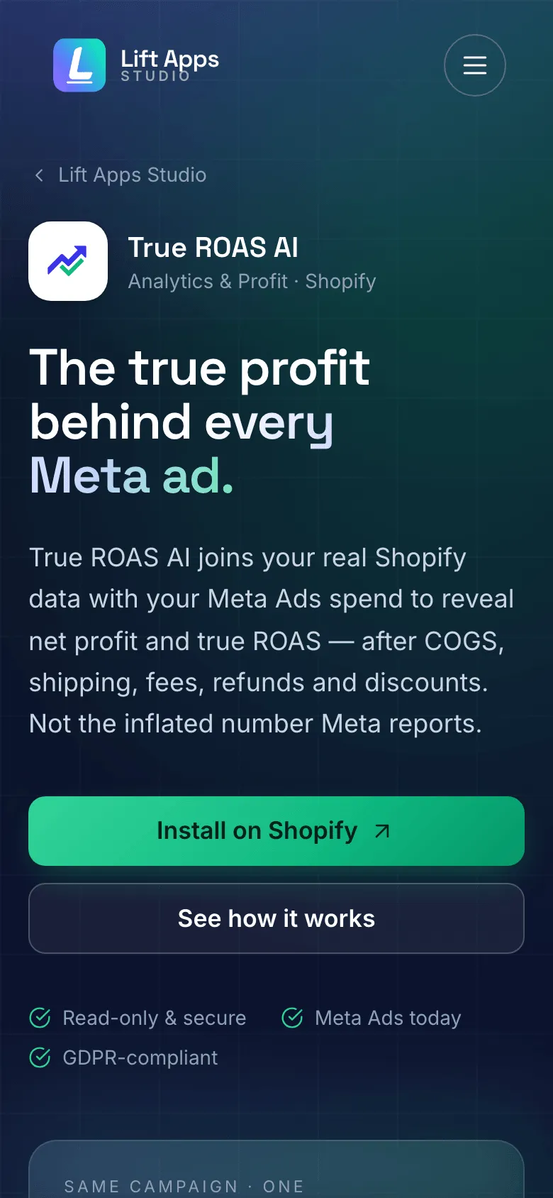 True ROAS AI on mobile — hero comparing Meta-reported ROAS of 4.20x against a true ROAS of 1.80x