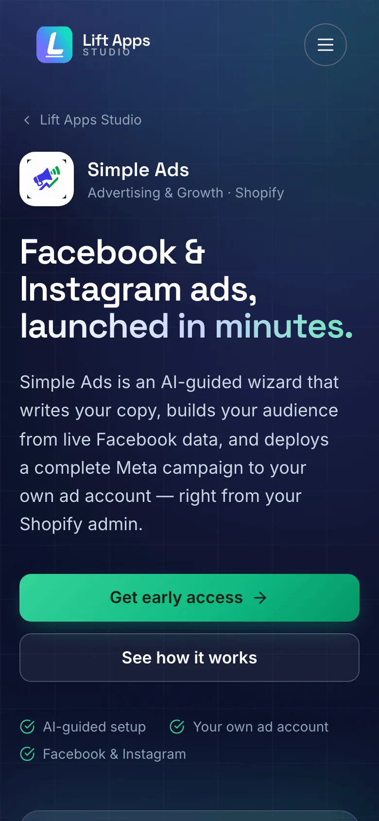 Simple Ads on mobile — hero with a live Facebook feed ad preview